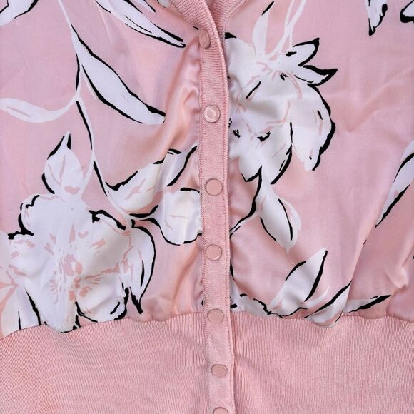 WHBM Pink Coral White Floral Top Light Cardigan Sweater Women Medium 3/4 Sleeve - Picture 6 of 7